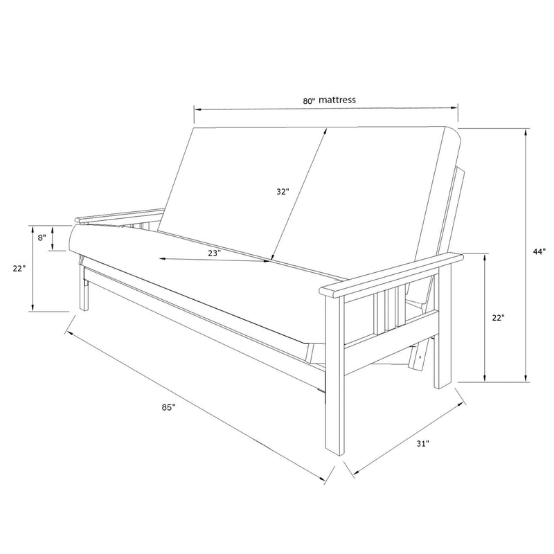 Queen-size futon frame sofa diagram with overall dimensions