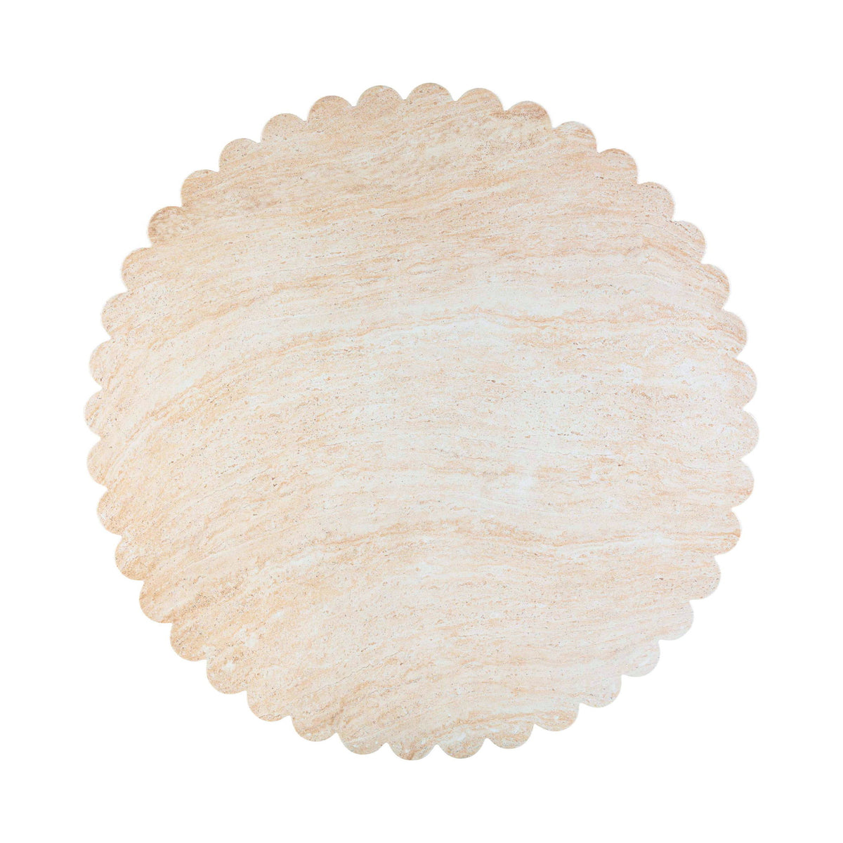 Washed travertine tabletop with scalloped round edge, textured stone surface