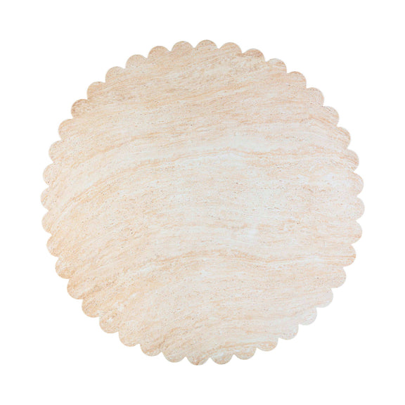 Washed travertine tabletop with scalloped round edge, textured stone surface
