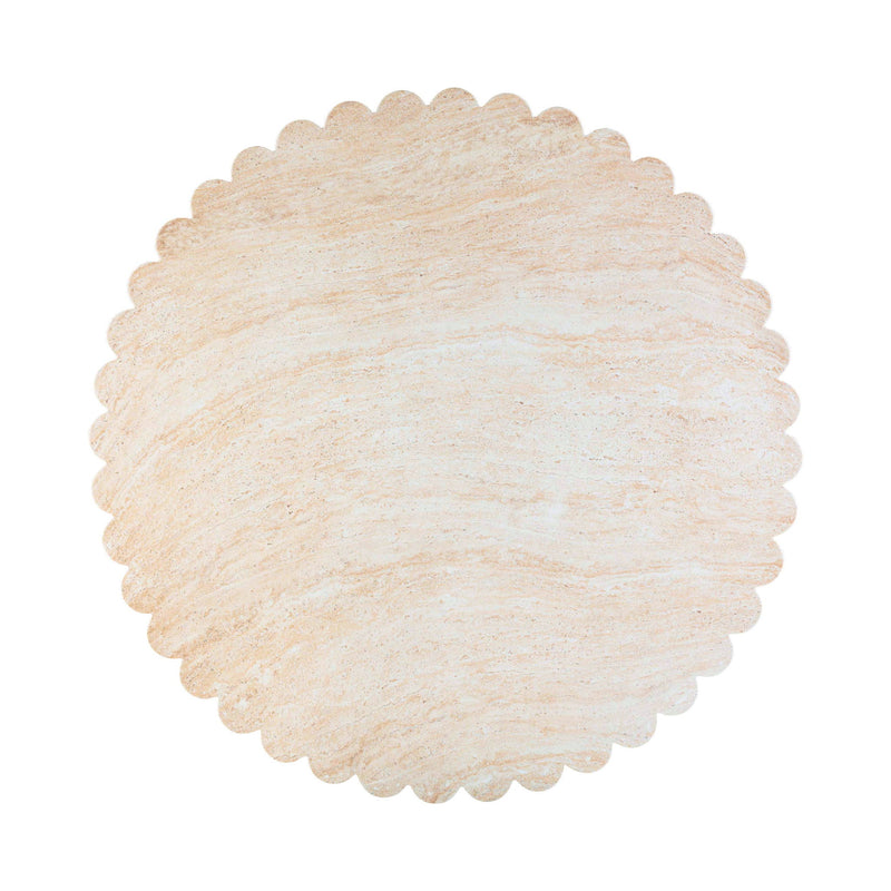 Washed travertine tabletop with scalloped round edge, textured stone surface