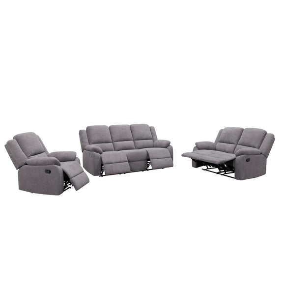 Gray 3-piece reclining sofa set with two recliners and loveseat, extended footrests