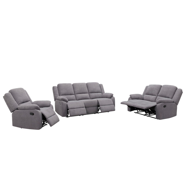 Gray 3-piece reclining sofa set with two recliners and loveseat, extended footrests