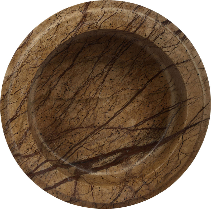 Tan marble bowl with dark veining and shallow circular interior basin.