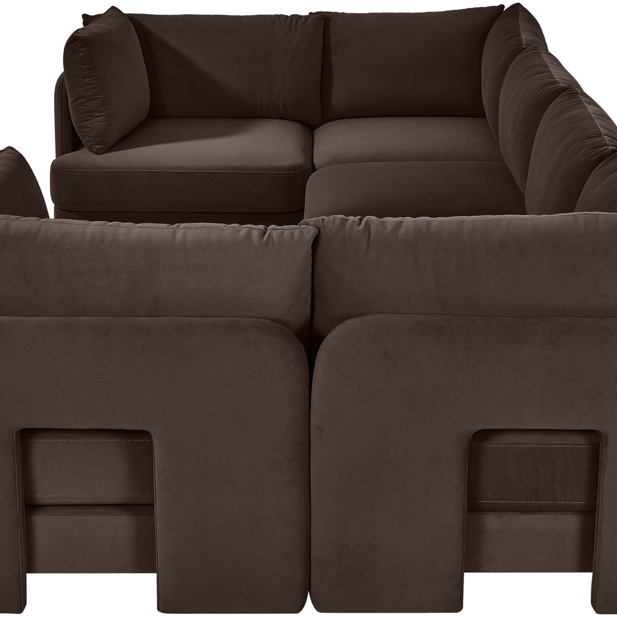 Dark brown velvet U-shaped sectional sofa, 6-piece set with wide armrest cushions.