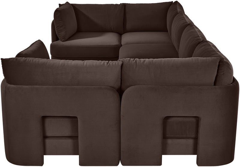 Dark brown velvet U-shaped sectional sofa, 6-piece set with wide armrest cushions.