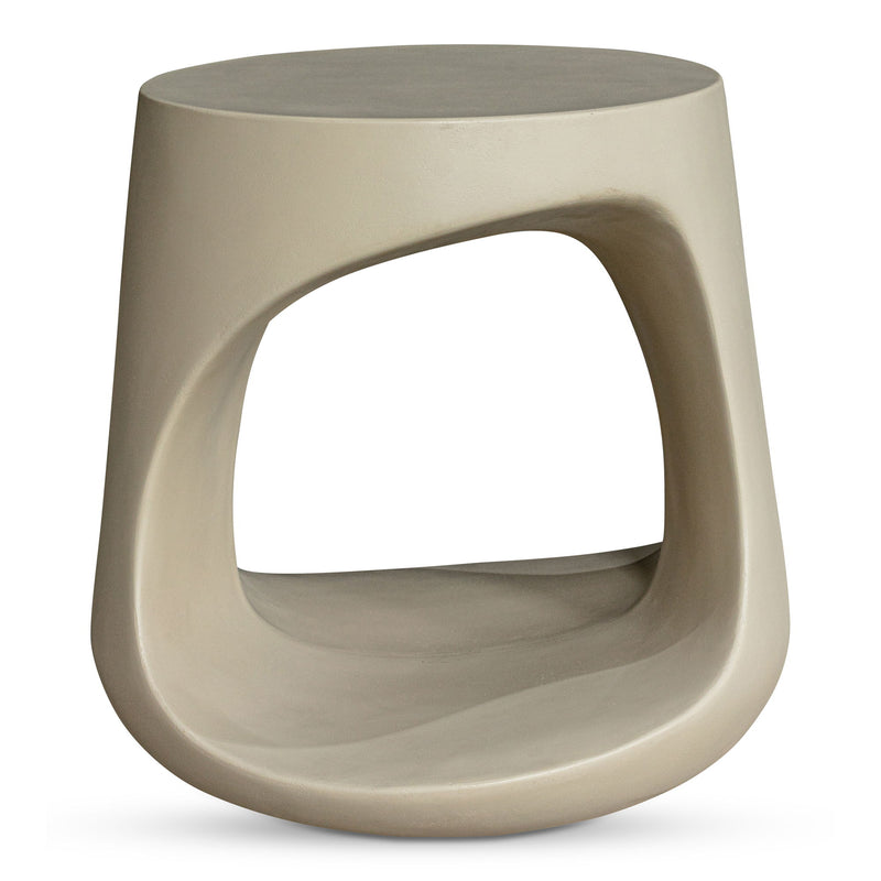 Cream outdoor stool with open rounded cutout, solid sculpted base.