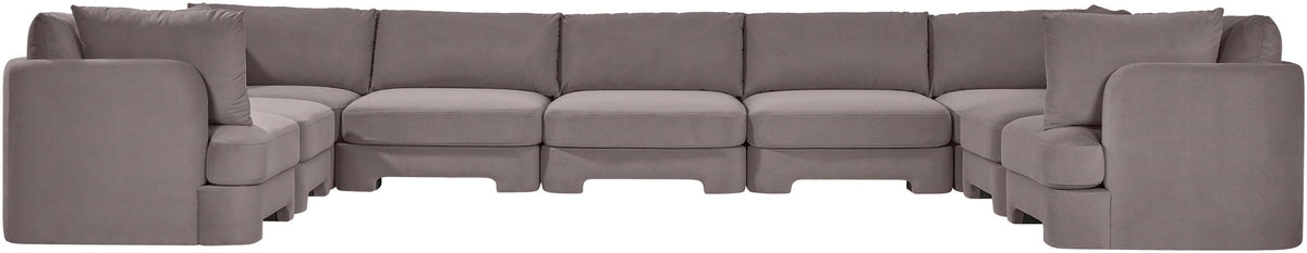 Medium gray velvet performance fabric 9-piece sectional sofa with corner chaise and armrests