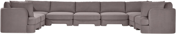 Medium gray velvet performance fabric 9-piece sectional sofa with corner chaise and armrests