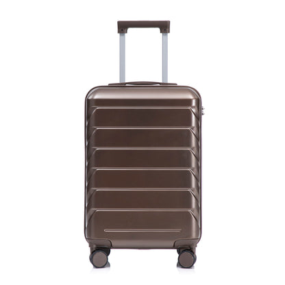 Hard-shell travel luggage in dark brown with telescoping handle and four spinner wheels.