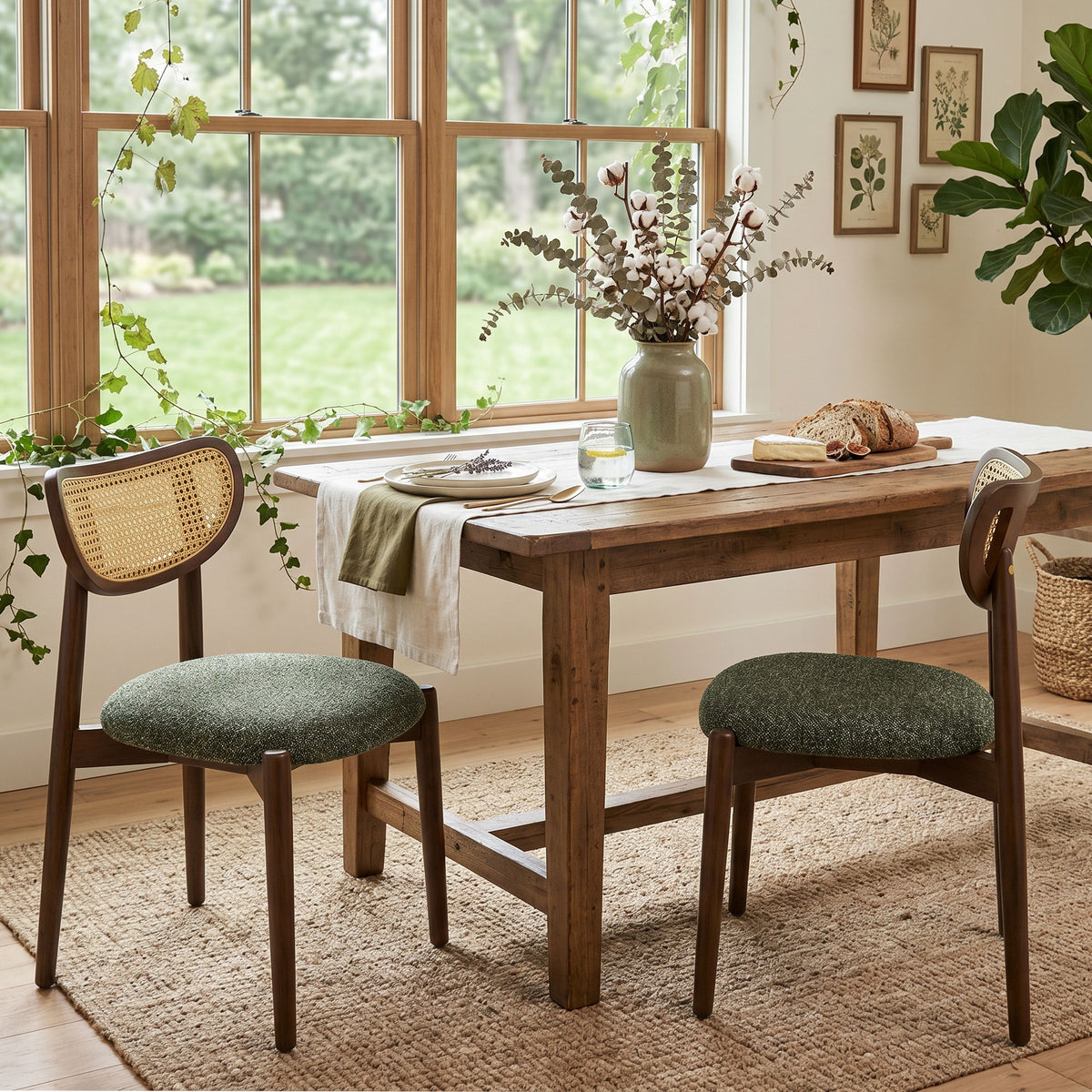 Rattan dining chairs with green seats beside a wooden dining table