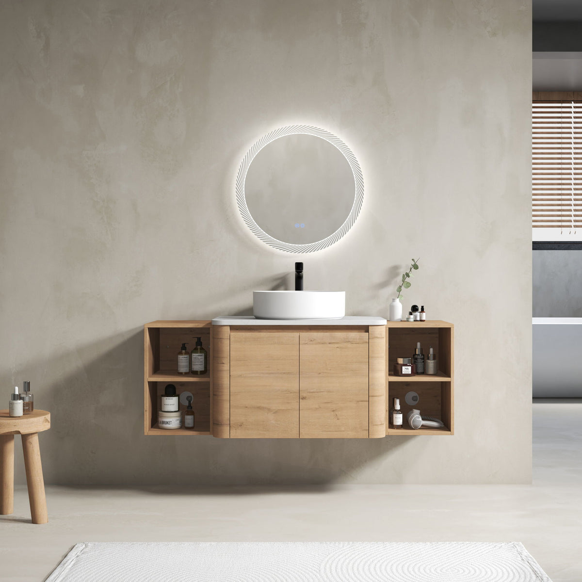 Wall-mounted bathroom vanity with round black sink and two side shelves