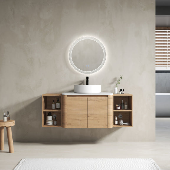 Wall-mounted bathroom vanity with round black sink and two side shelves