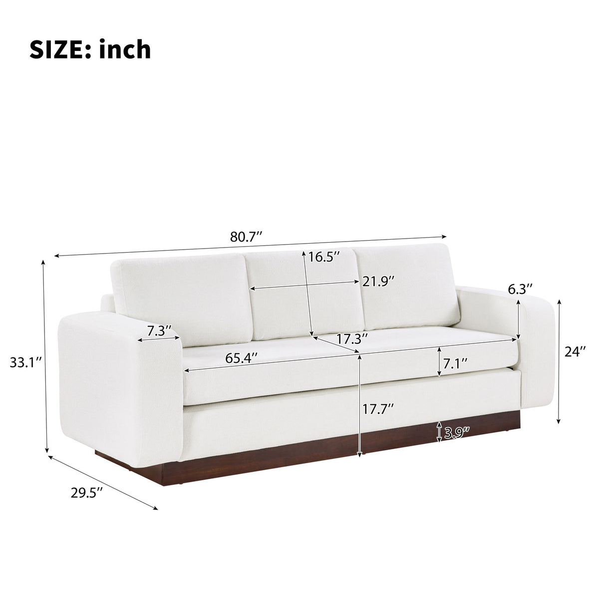White 3-seater sofa dimensions diagram with labeled width and depth