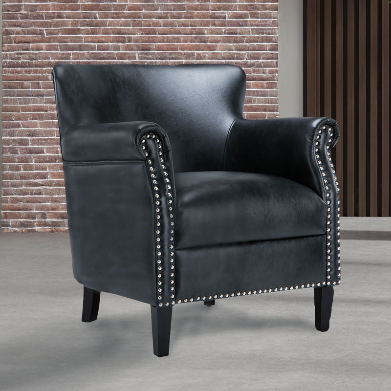 Hadley black club chair with nailhead trim and rounded arms, cushioned back and seat