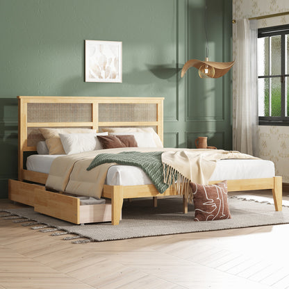 King Size Bed with Rattan Headboard, Two Storage Drawers, Rubber Wood Bed with Enhanced Support Slats and Feet, White Oak, Coastal