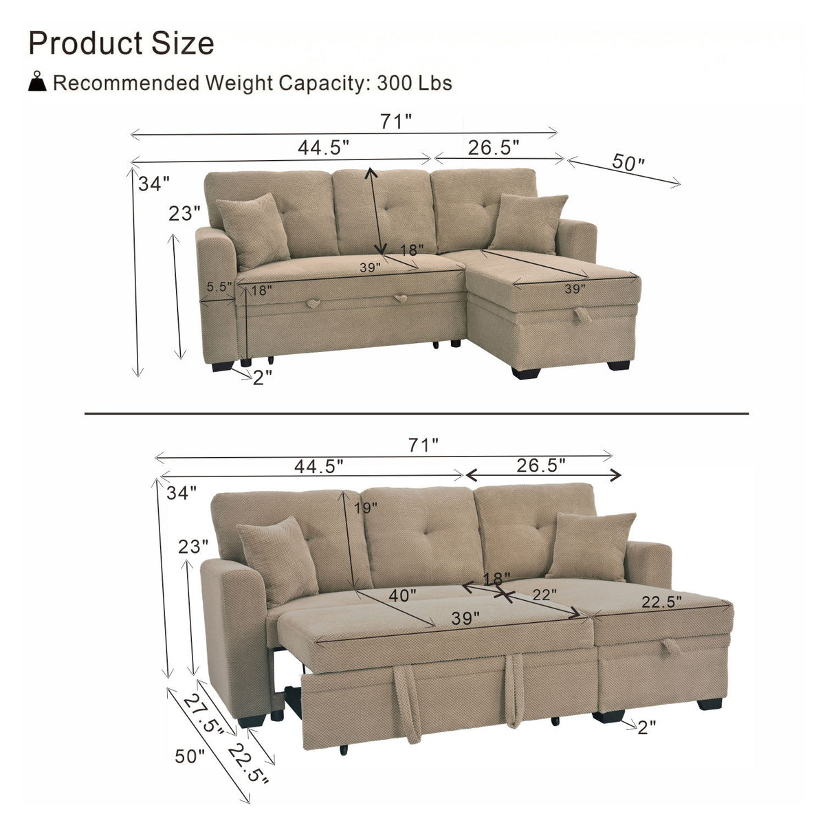 Light brown sleeper sectional size diagram showing sofa and extended bed dimensions