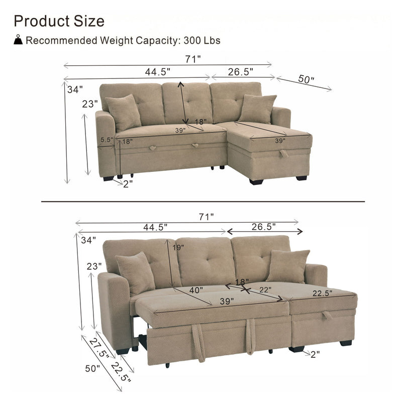 Light brown sleeper sectional size diagram showing sofa and extended bed dimensions