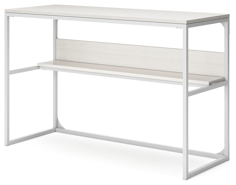 White home office desk with mid shelf and angled steel legs