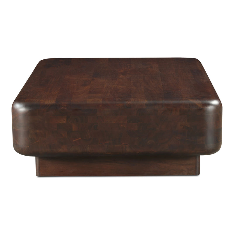 Dark brown coffee table with rounded corners and visible wood grain, viewed from above.