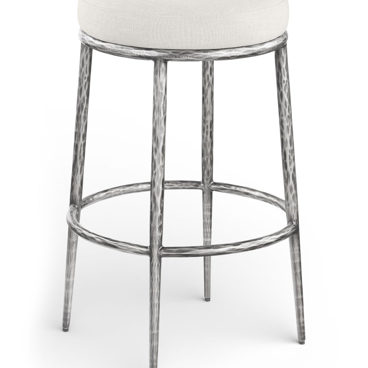 White upholstered round backless bar stool with antique silver metal legs and footrest