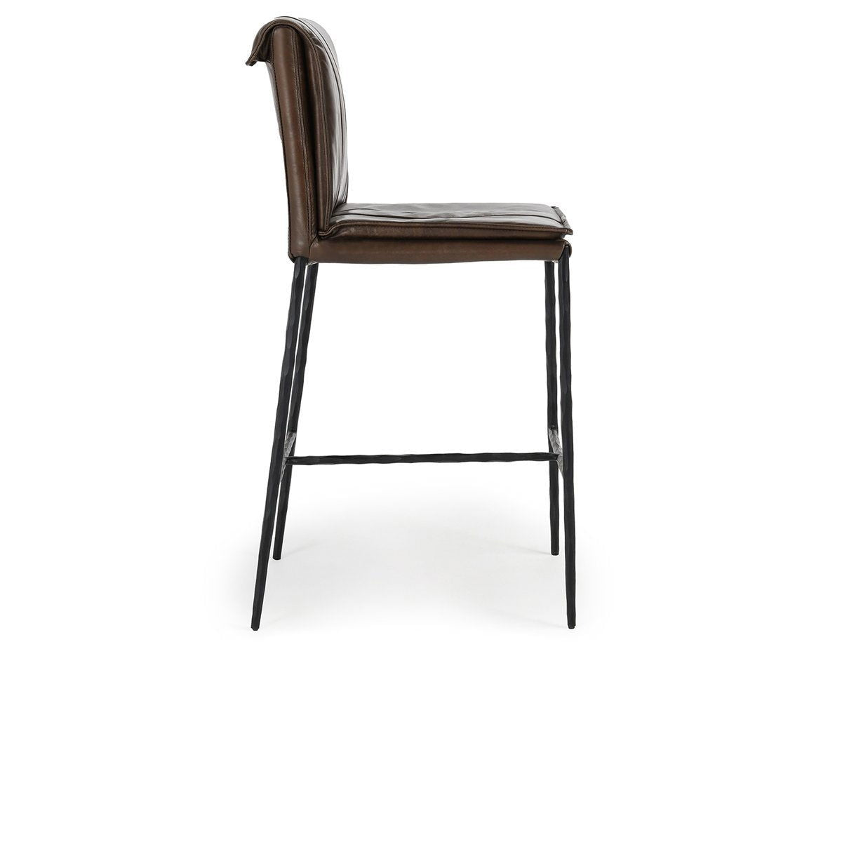 Tan leather-look bar stool with padded curved back and seat, black legs