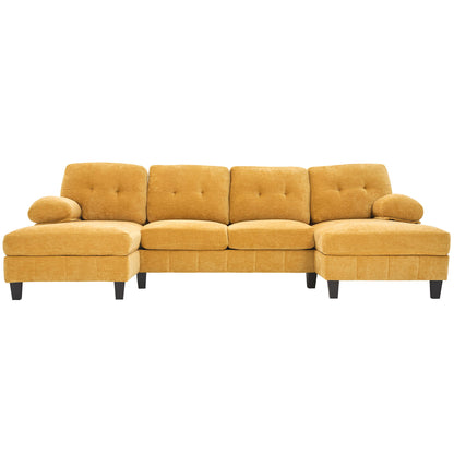 Modern U-Shaped Sectional Sofa With Dual Chaise Lounges, Storage Pockets And Armrest Pillows, Yellow Chenille Fabric, 103.5"