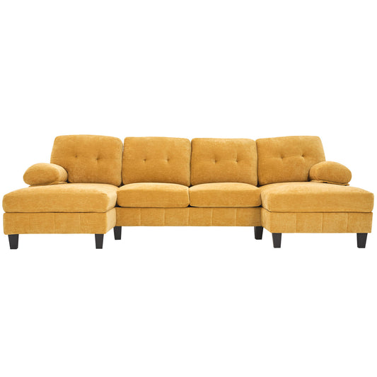 Modern U-Shaped Sectional Sofa With Dual Chaise Lounges, Storage Pockets And Armrest Pillows, Yellow Chenille Fabric, 103.5"