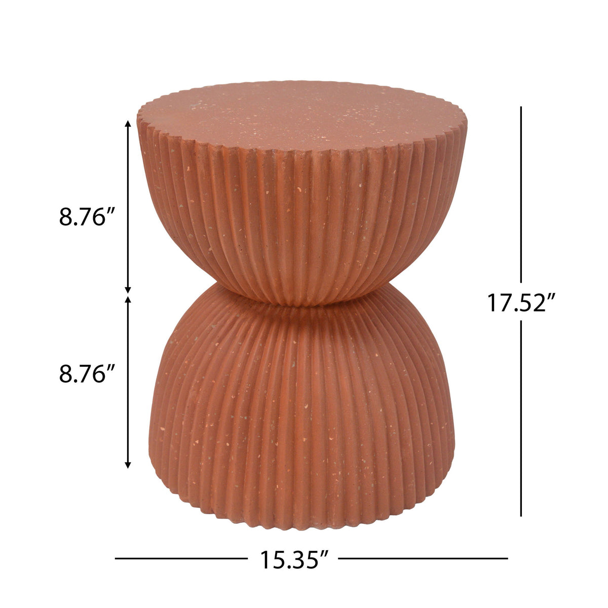Orange speckled ribbed side table with stacked round tiers and dimensions