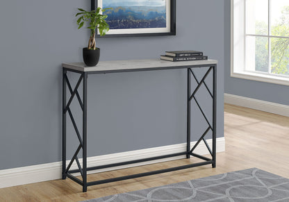 Modern console table with dark gray top and black metal X-frame legs
