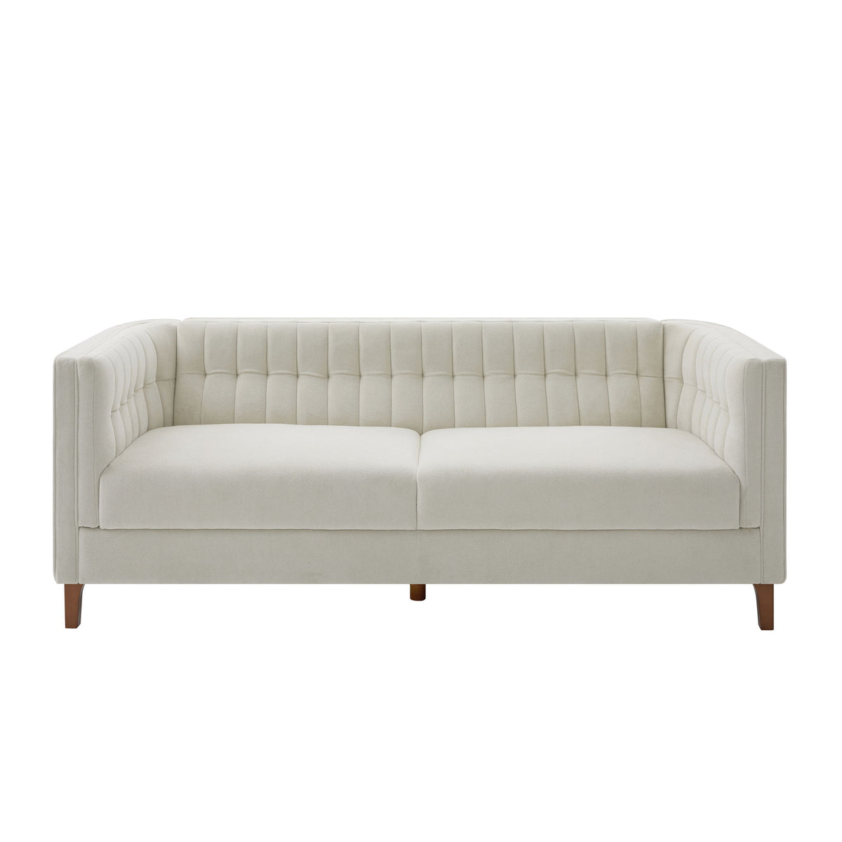 Beige upholstered 3-seat sofa with curved armrests and tufted back, wooden legs