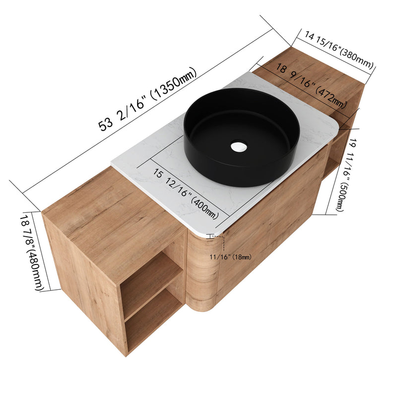 Wall-mounted vanity cabinet with black round vessel sink and open corner cabinet