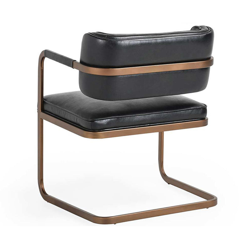 Black dining chair with padded seat and back, and warm wood-tone cantilever frame