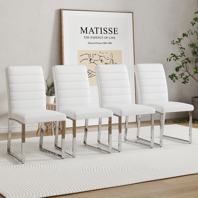 Group of white upholstered dining chairs with curved backs, padded seats, and chrome legs