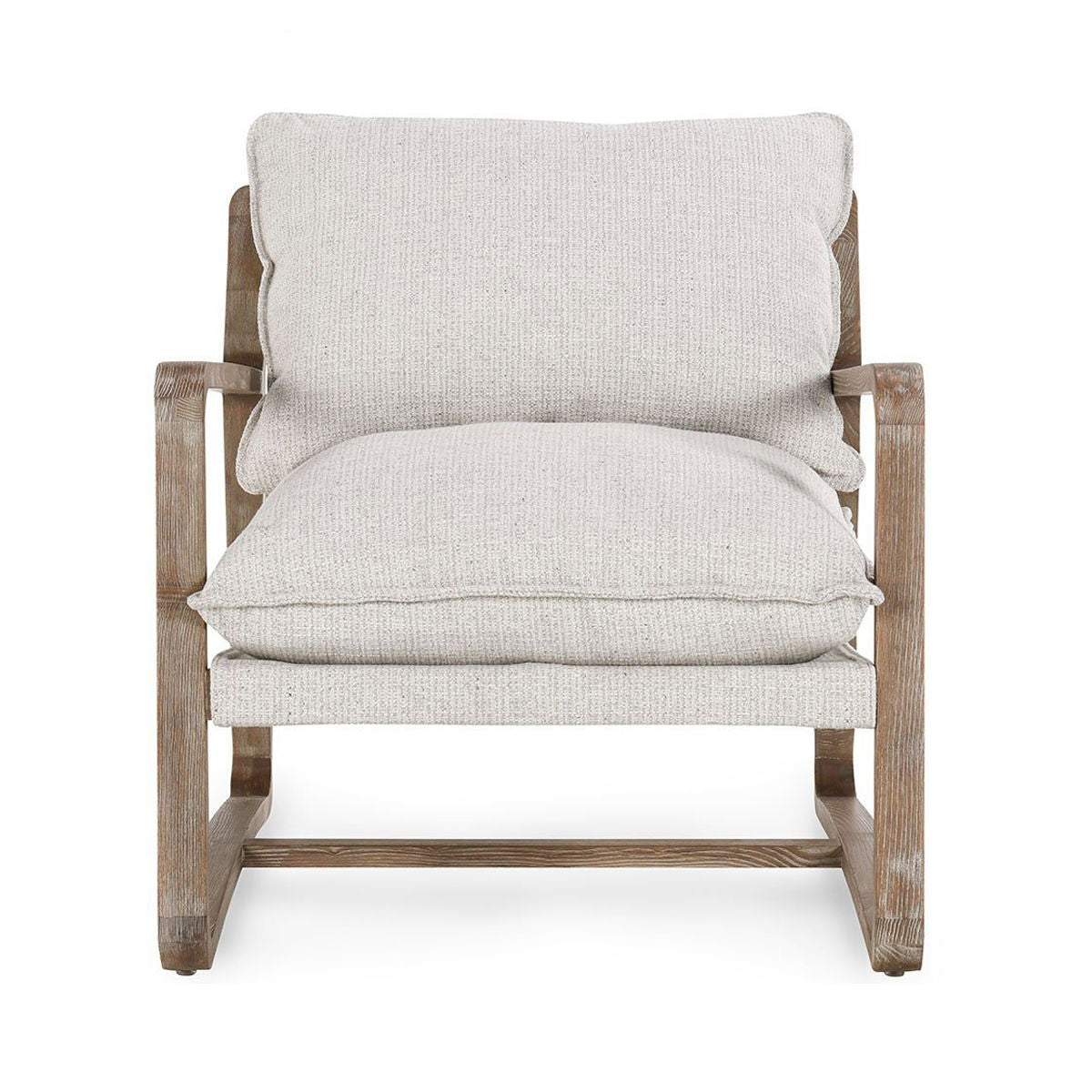 Natural wood accent chair with tall backrest, light beige cushions, and padded armrests