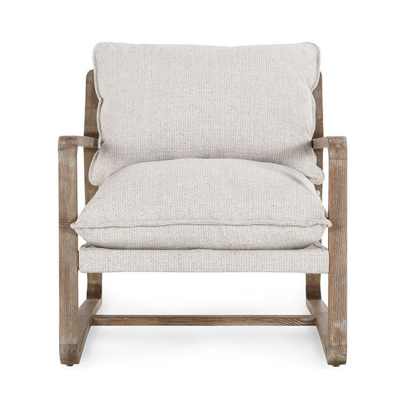 Natural wood accent chair with tall backrest, light beige cushions, and padded armrests
