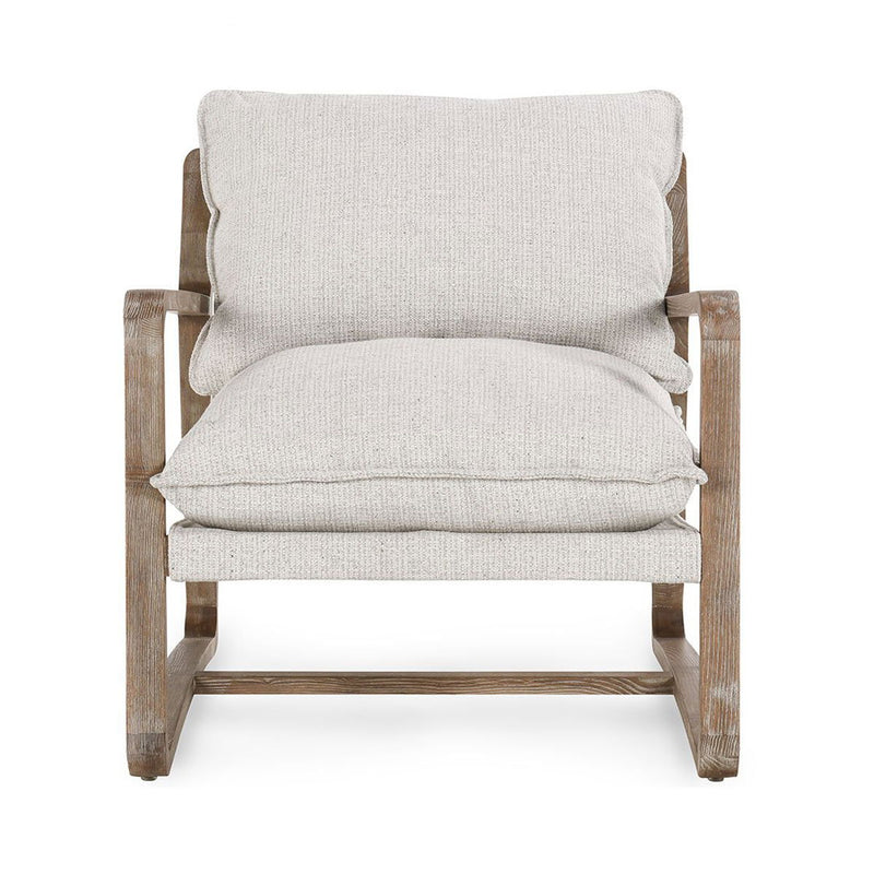 Natural wood accent chair with tall backrest, light beige cushions, and padded armrests