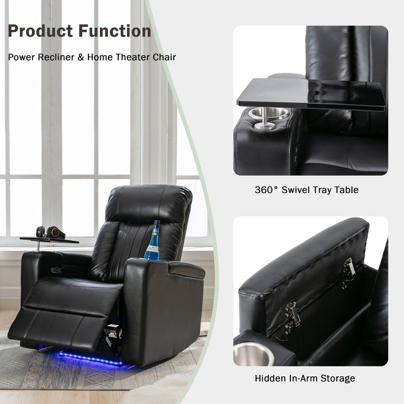 Premium Power Recliner & Storage Arms, Cupholders, Swivel Tray Table And Cell Phone Stand - Black