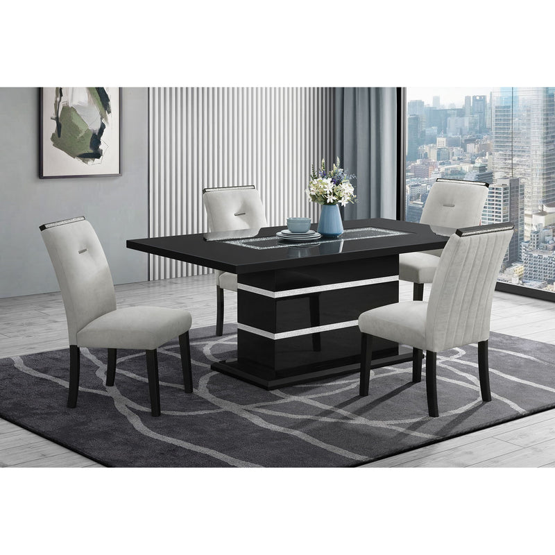 Bar stools set with padded seats, light gray upholstery, and black legs