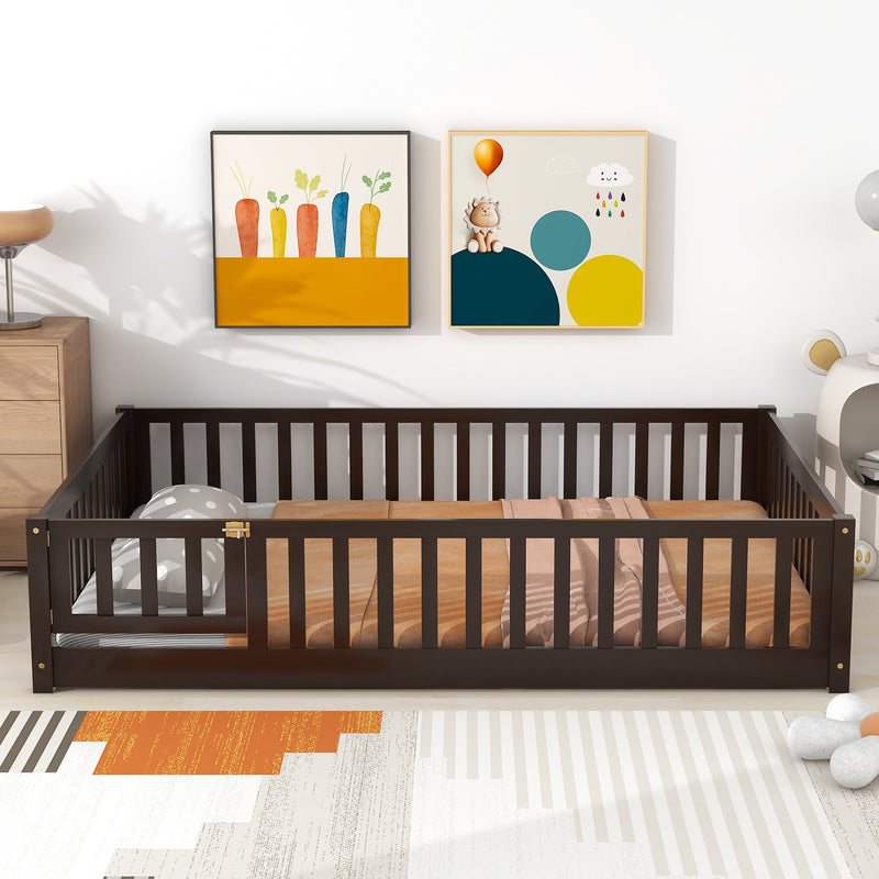 Full Size Floor Bed with Fence and Door, Rubber Wood Floor Bed with Safety Guardrails, Espresso