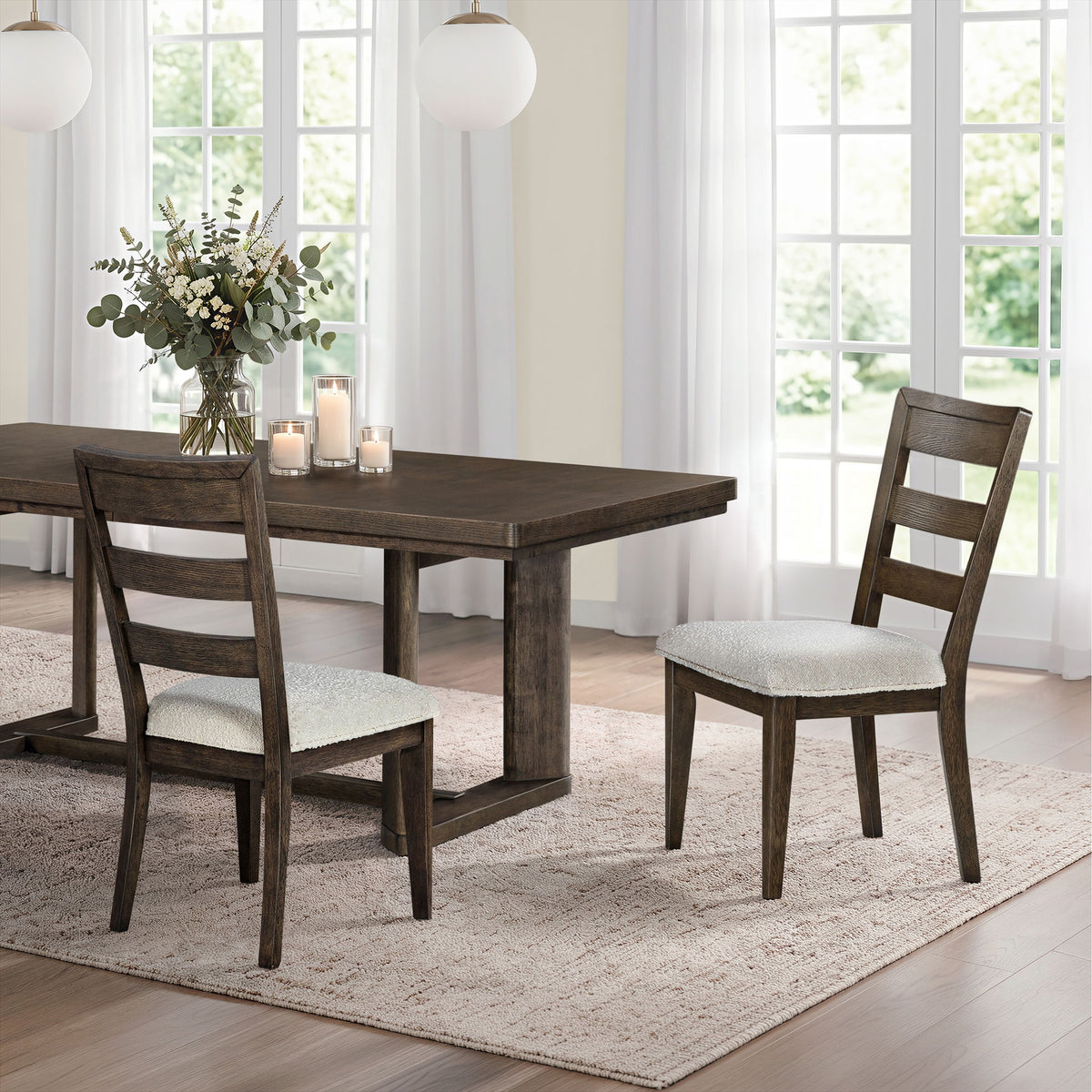 Dark brown upholstered dining chair with ladder back and beige seat cushion.