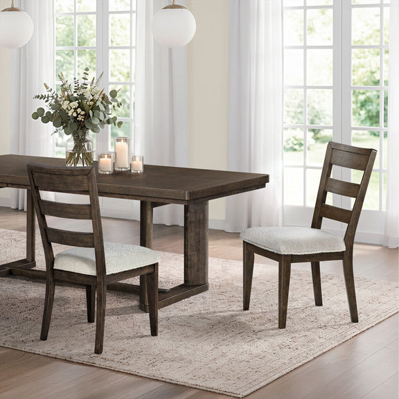 Dark brown upholstered dining chair with ladder back and beige seat cushion.