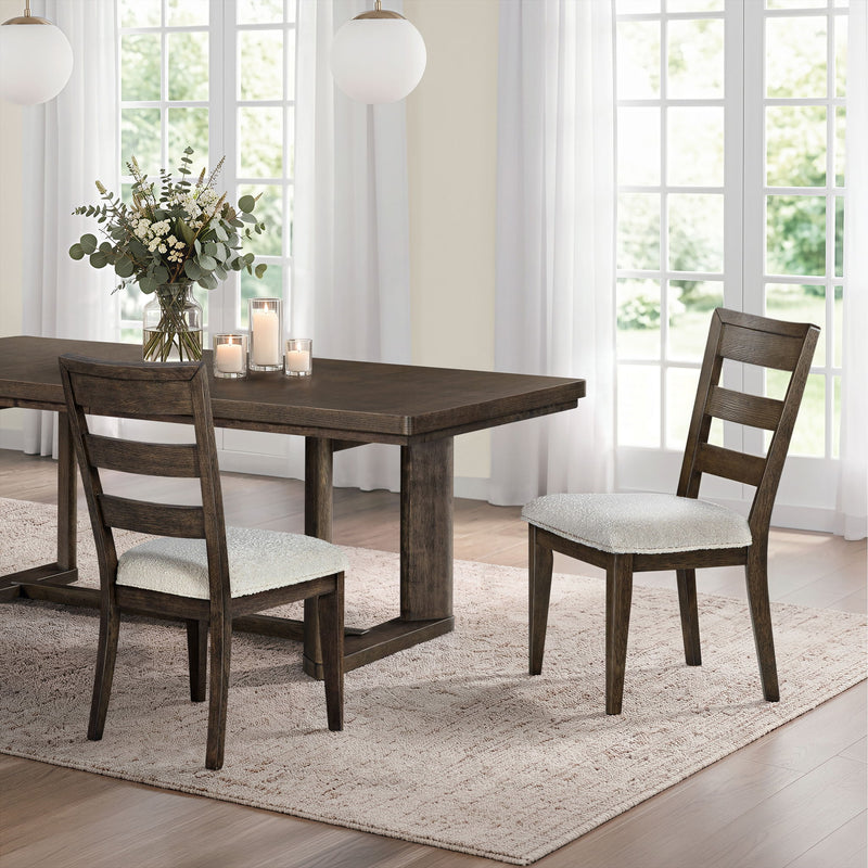 Dark brown upholstered dining chair with ladder back and beige seat cushion.