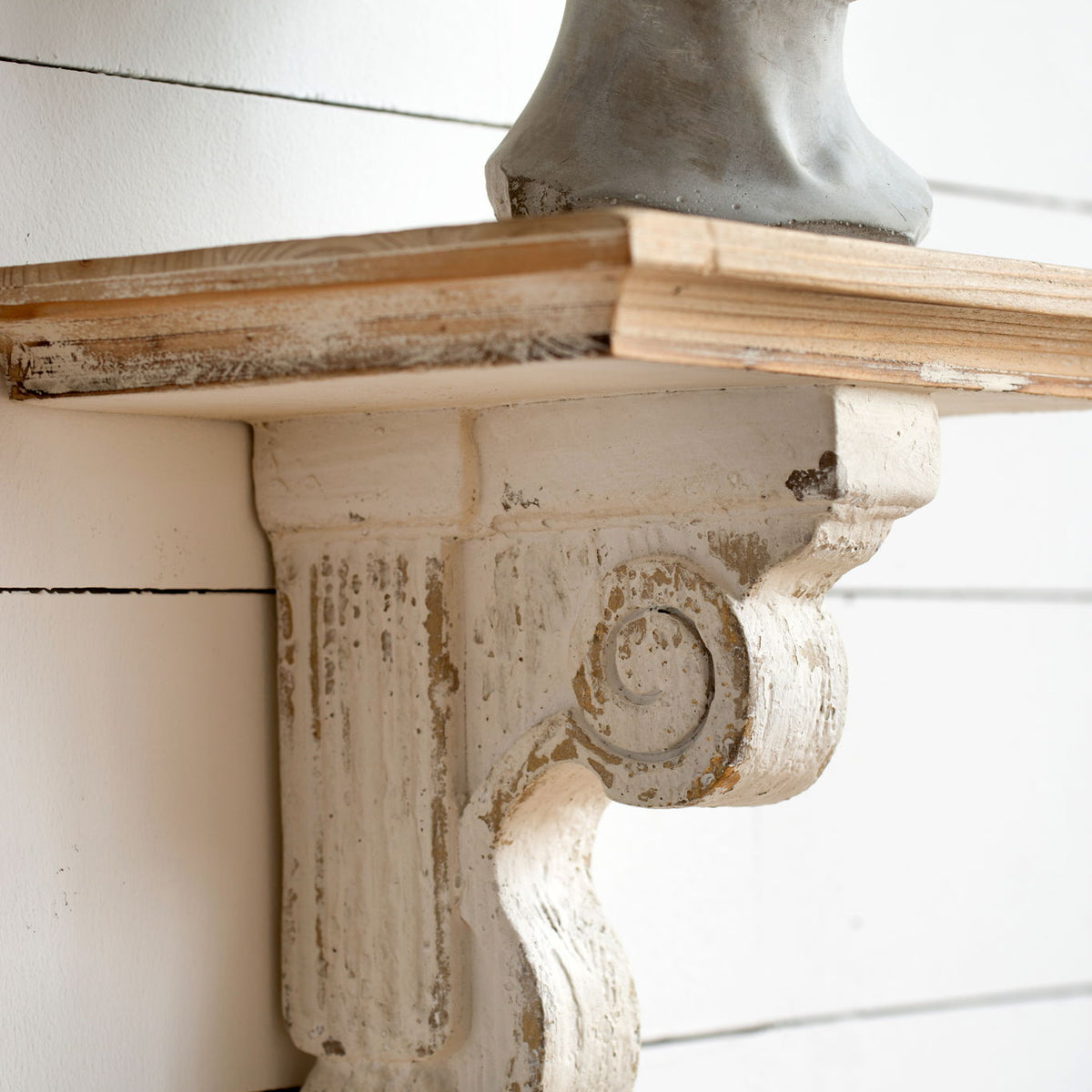 Distressed And Wooden Wall Shelf With Corbel Design - Brown / Antique White