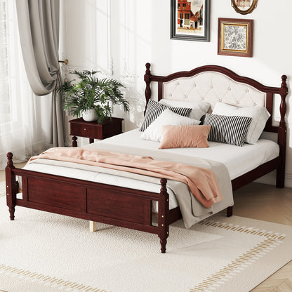 Queen Pine wooden Bed with Upholstered Headboard and Panel Footboard, with Two Bed Rail Support Feet and Central Platform Support Feet, Classic Cherry, Traditional