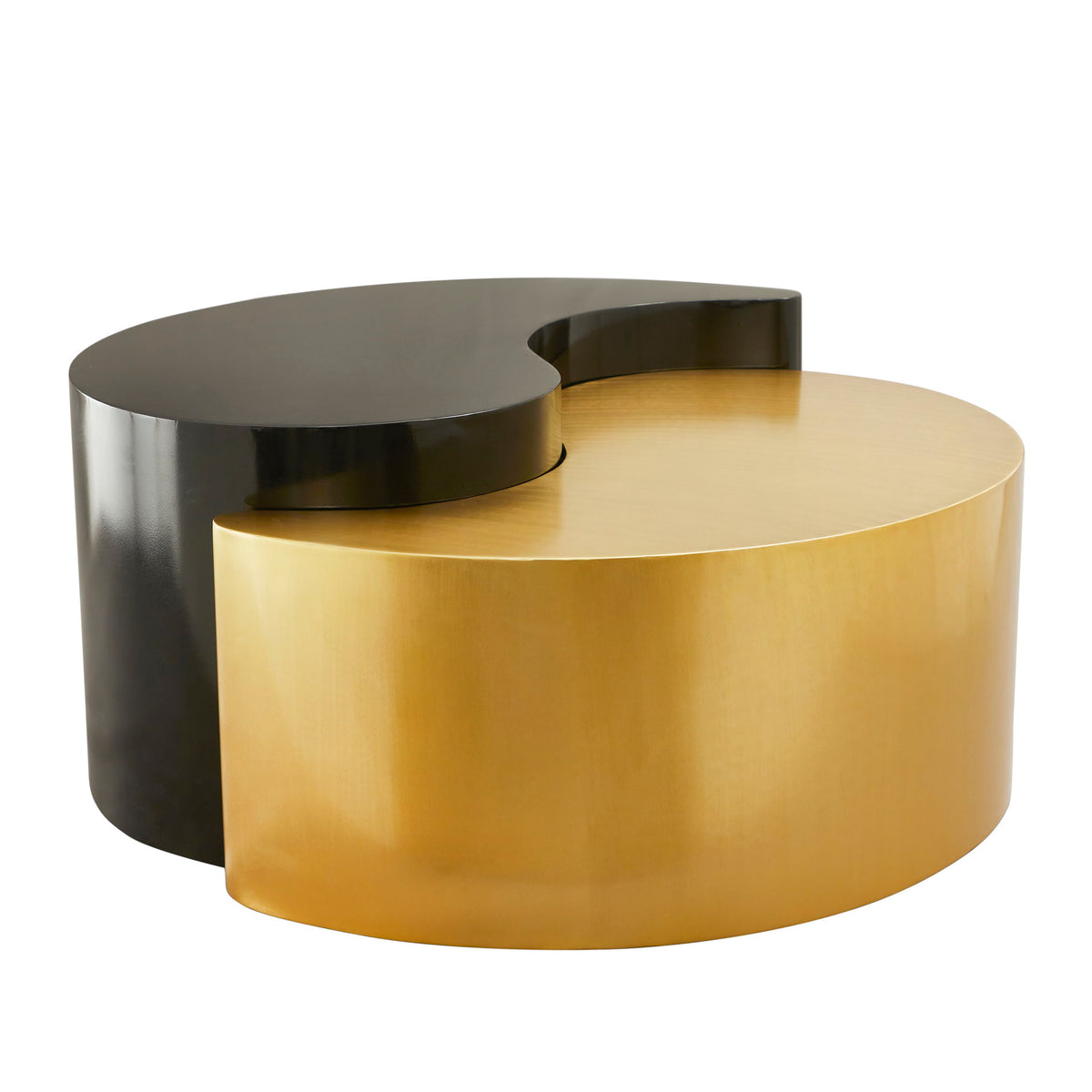 Two-tier round table with gold base and dark metal top accents