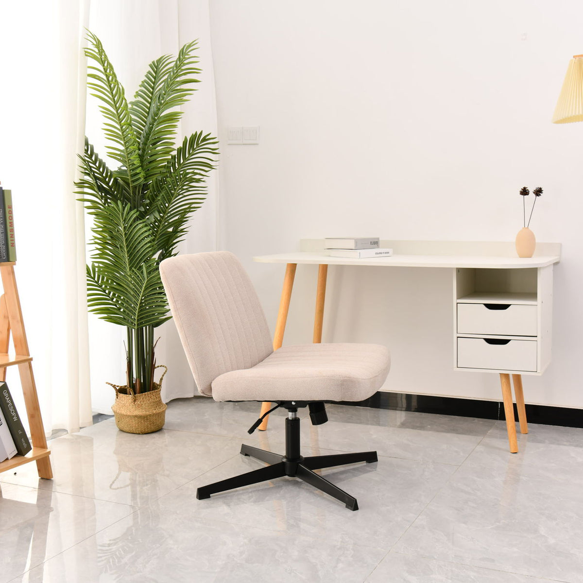 Cross Legged Office Chair, Wide Comfty Desk Chair, Vanity Home Chair No Wheels Armless Computer Task Chair, Swivel And Height Adjustable - Beige
