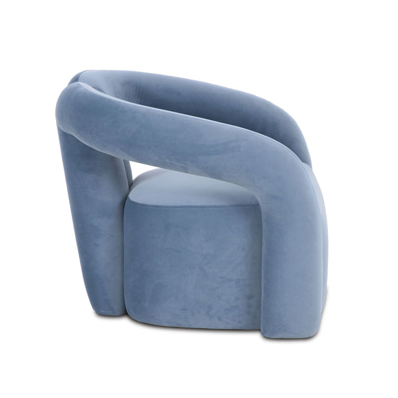 Blue accent chair with curved armrests and thick back cushion