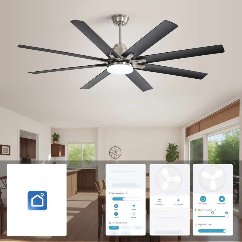 66" Low Profile Ceiling Fan With Dimmable LED Lights, 6 Speed Reversible DC Motor For Indoor - Brushed Nickel