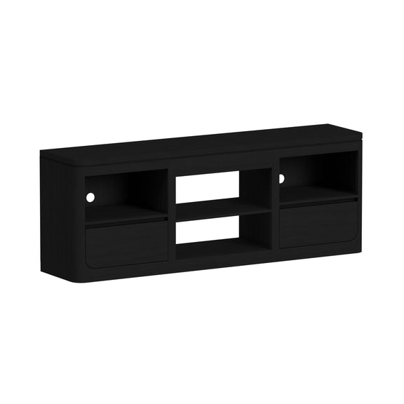 Black TV console with two drawers and open center media shelf