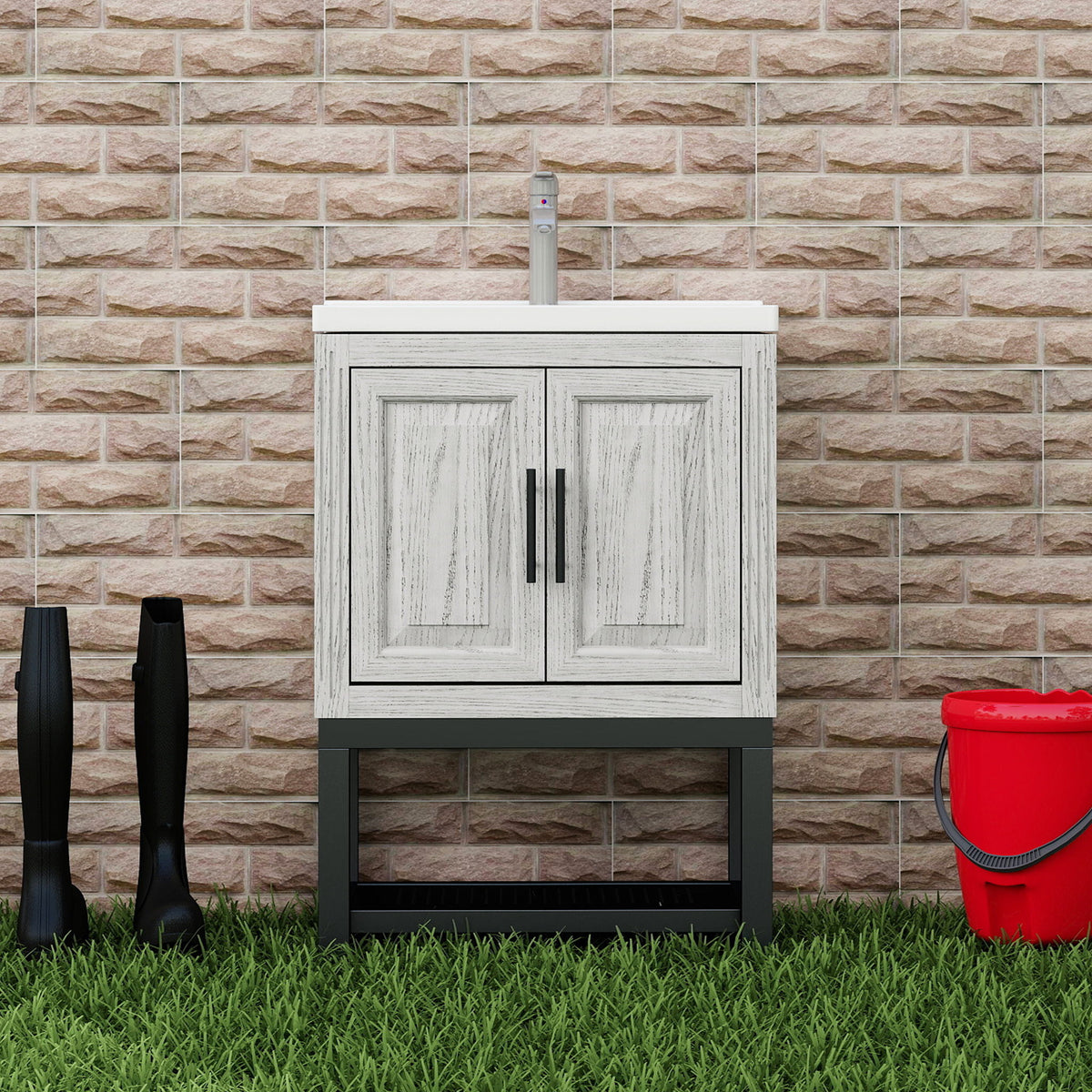 Modern Freestanding Bathroom Vanity With Ceramic Sink, Hot And Cold Faucet, Storage Cabinet & Open Shelf